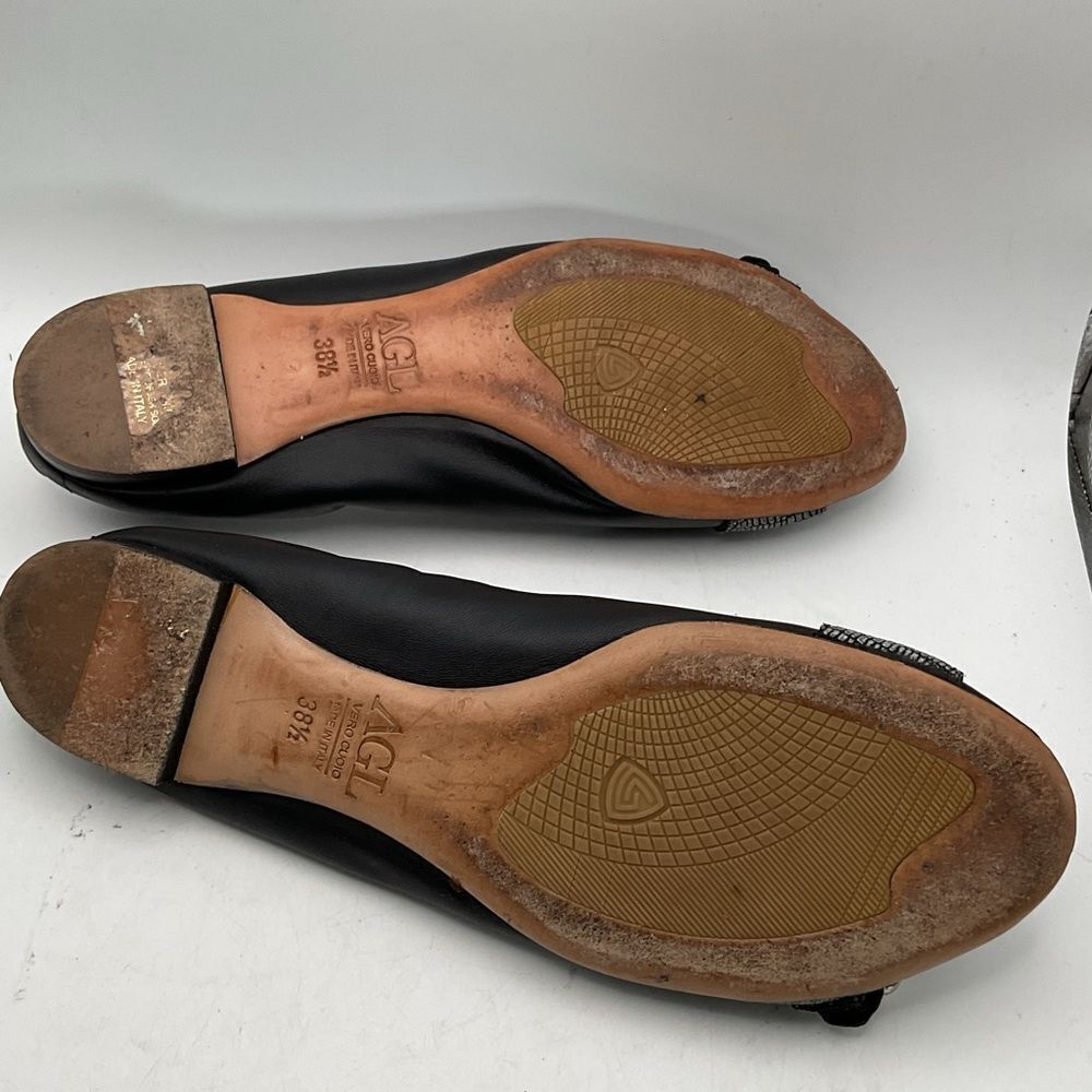 AGL ladies ballet flats shoes 38 1/2 us 8 1/2 black silver peep toe leather chic - Picture 9 of 13